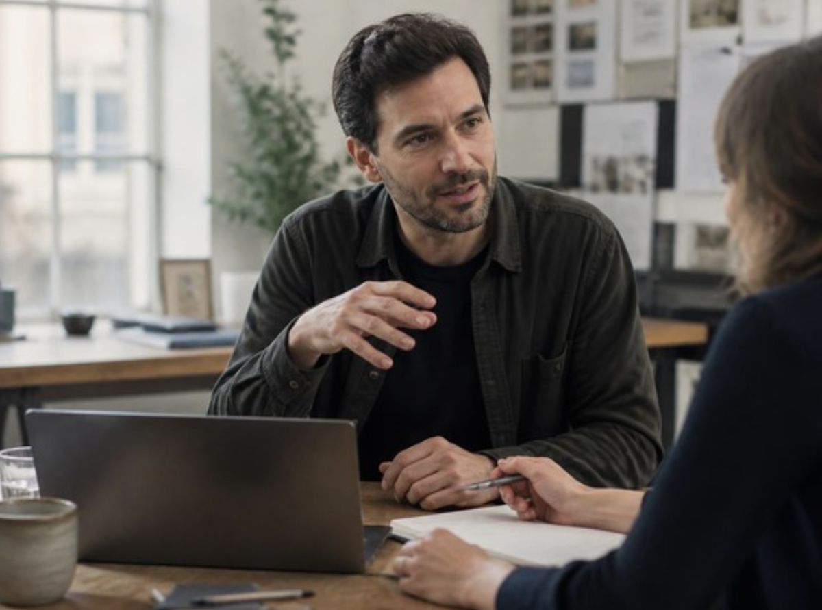 Consultant talking with a client at a table