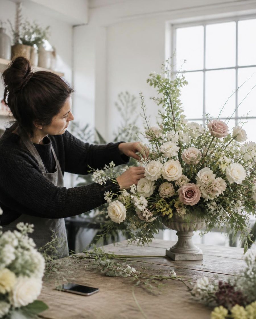 Florist arranging flowers in her studio